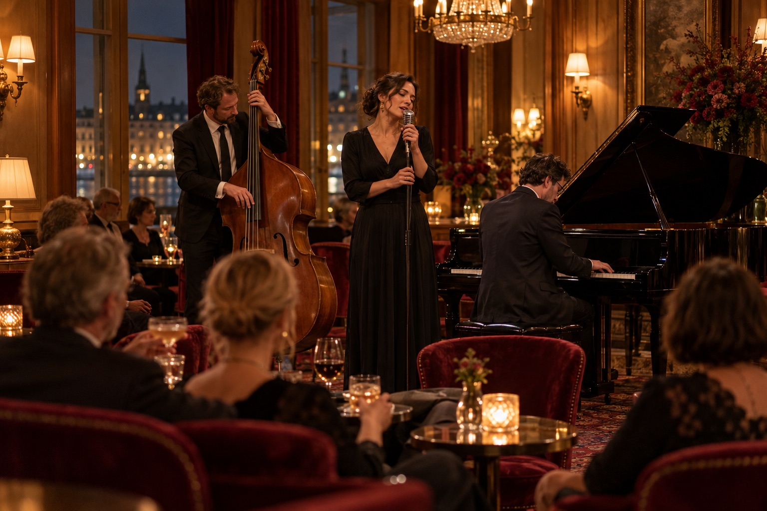 En kabarétrio med sångerska, kontrabas och flygel uppträder i en elegant hotellsalong.