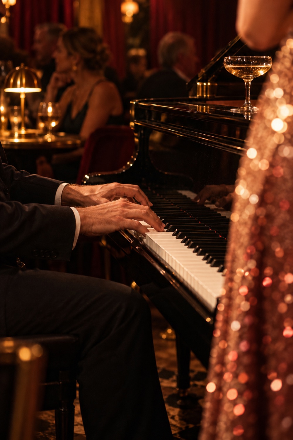 Närbild av en pianists händer på flygeln, med ett champagneglas på locket och en glittrande klänning i förgrunden.