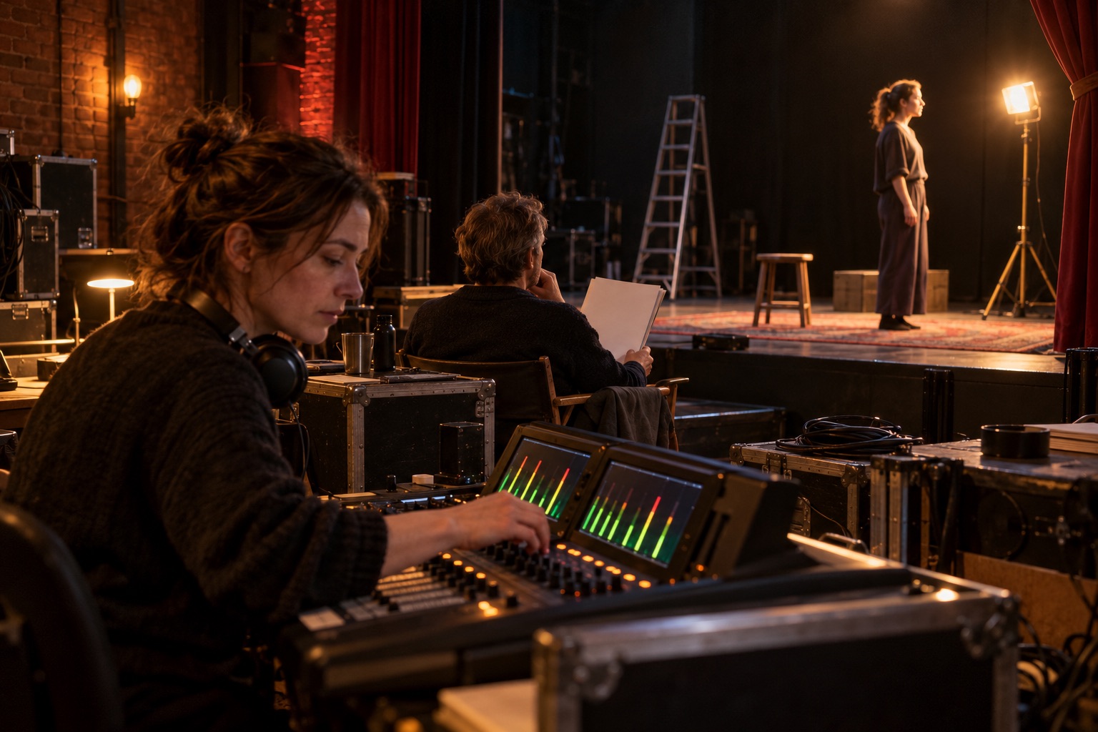 En ljudtekniker vid ett mixerbord under en teknisk repetition i en liten black box-teater.